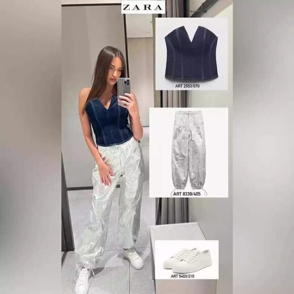 New Zara Shiny Metallic Silver Parachute Mid Rise Pants Trousers 8338/405 NWT XS - Picture 5 of 12